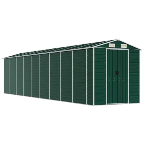 Image of vidaXL Garden Shed - Galvanised Steel Outdoor Storage With Ample Space, Ventilated, Sloping Roof Design, Green Colour