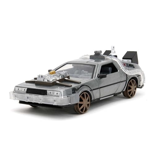 Image of Jada Toys - Time Machine - Back to The Future 3 Model Car Metal 1:24 Opening Doors LED Light Version with Brown Rims, 20 cm, Silver