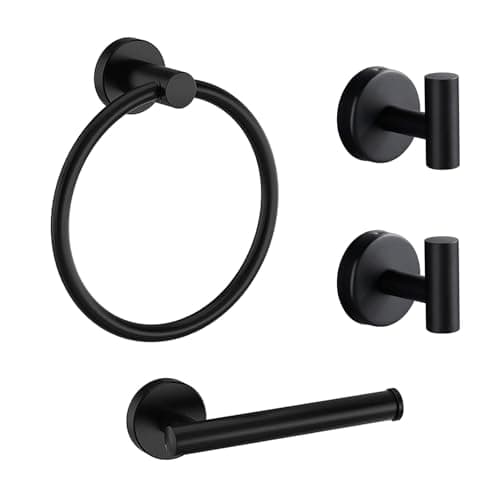 Image of Betadistor Black Bathroom Hardware Set Towel Ring Toilet Roll Holder Coat Hook x 2, Stainless Steel 4-Piece Bathroom Accessories Set, Wall Mounted Matte Black