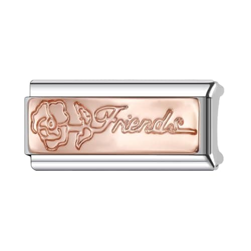Image of Mon & Sons Friends Rose Gold Flower Superlink Long Double Size Width 9mm Stainless Steel Silver Italian Link Charm Compatible With 9mm Link Bracelet