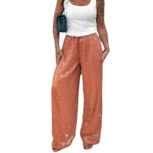 Image of FeMereina Women's Glitter Wide Leg Pants Satin Silky Sparkly Sequin Party Club Nightout Trousers Drawstring Elastic Waist Casual Slacks Pants (Orange, L)