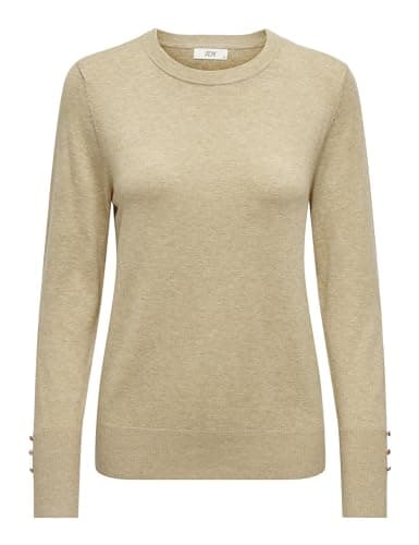 Image of JDY Women's Knit Sweater Round Neck Button Details Knit Slim Long Sleeve Stylish Comfortable, Colours:Beige, Size:S