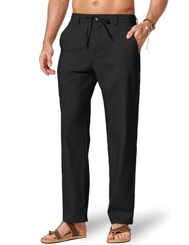 Image of COOFANDY Men's Cotton Linen Trousers Summer Elasticated Waist Drawstring Pants Casual Beach Lightweight Trousers Black M