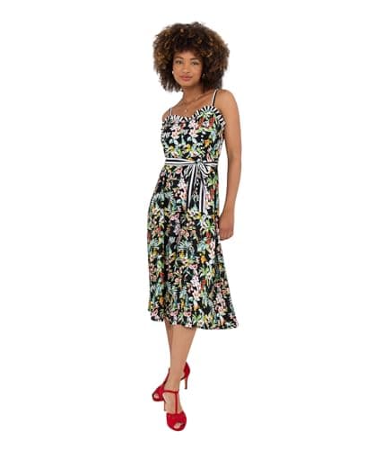 Image of Joe Browns Women's Tropical Print Tie Waist Contrast Strap Dress, Black, 16