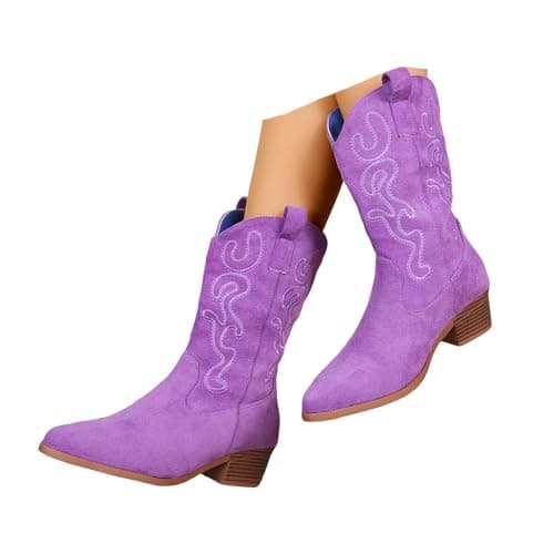 Image of Cowboy Boots for Women Wide Calf Knee High Boots Women Western Cowboy Booties Mid Calf Embroidered Cowgirl Shoes Wide Fit Womens Boot Width Embroidered Suede Cowgirl Boot Chunky Heel Western Booties