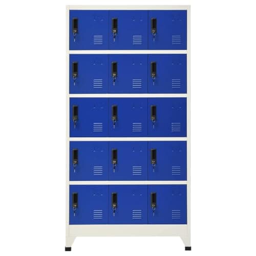 Image of GeenYuu Grey and Blue Steel Locker Cabinet 90 x 40 x 180 cm with 15 Lockable Doors and Name Plate Holder for Office, School, Garage, Basement, Utility Room, Storage Space and Order