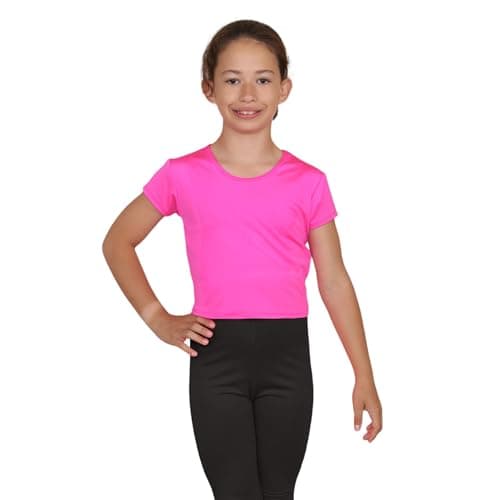 Image of janisramone® Girls Short Sleeve Tee Shirts, Stretchy Microfiber Round Neck Crop Tops for Girls, Plain Summer Top, Kids Running Yoga Playing Active Sports Wear Cropped T-Shirt Neon Pink
