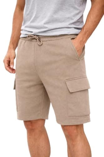 Image of Comfort Collections Men's Fleece Cargo Shorts, Cotton Blend, 5 Pockets, Adjustable Drawstring Waist, Gym, Lounge and Casual (UK, Alpha, L, Regular, Regular, Stone)