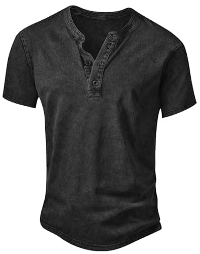 Image of Anelune Men's Distressed Henley Shirts Vintage Short Sleeve T-Shirt Washed Cotton Casual V-Neck Button Tee Tops Black L