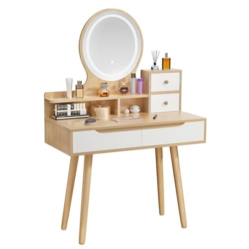 Image of ZenkiHome Dressing Table with Round Mirror and Lights, 80cm Wide Small Vanity Desk, Wooden Color, 2 Drawers