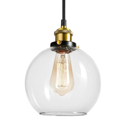 Image of HAUSPRO Chicago Pendant Industrial Hanging Ceiling Light with Clear Glass Shade, Adjustable Height Ceiling Light for Kitchen, Dining Room-Black-Gold