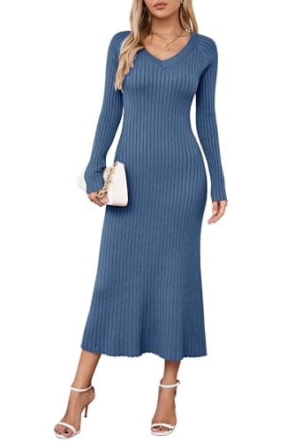 Image of Arach&Cloz Jumper Dress for Women UK Winter Knitted Dresses Bodycon Fishtail V Neck Long Dresses Maxi Sweater (Dark Blue,M)