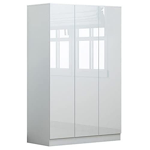 Image of FWStyle White Gloss 3 Door Wardrobe with Soft Close Hinges, Scandinavian Modern Bedroom Storage Furniture with Hanging Rail and Shelving, Scratch Resistant Finish, W120 x H180 x D50cm