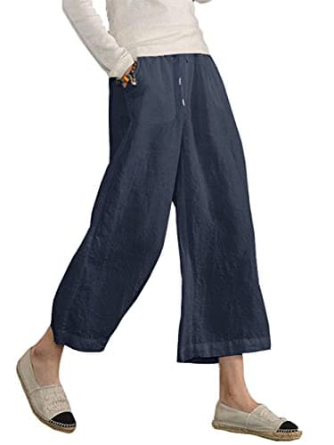 Image of Famulily Womens Summer Linen Cropped Pants Wide Leg Trousers with Pockets Blue L