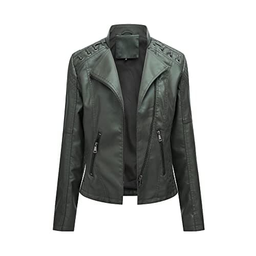 Image of YYNUDA Women's Stylish Faux Leather Jacket Zip Up Moto Biker Classic Short Jacket Coat Green L