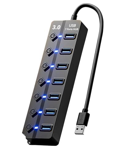 Image of 7-Port USB 3.0 Hub, Multi USB Port Hub with Individual Switches & Lights, Portable 7 Ports Splitter Adapter with 30cm Cable, High-Speed Data Hubs Extension for Pc, Laptop, Flash Drives, Printer
