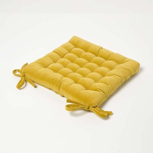 Image of HOMESCAPES Mustard Yellow Velvet Seat Pad for Dining Chair 40 x 40 cm Super Soft 100% Cotton Quilted Velvet Chair Pad with Straps Indoor & Outdoor Garden Use for Lasting Comfort & Support