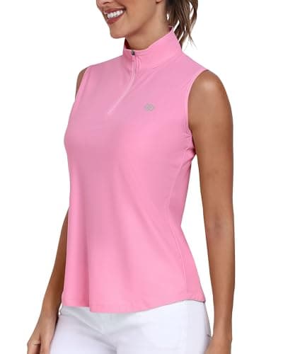 Image of MoFiz Womens Golf Polo Shirts Sleeveless Tennis Golf Top UPF 50+ Quick Dry Lightweight Work Gym Sports T-Shirt with 1/4 Zip Pink Size L