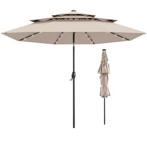 Image of TANGZON 3M Lighted Garden Parasol, 3-Tier Heavy Duty Offset Umbrella with 32 LED Lights, Crank Handle & Tilt Adjustment, Outdoor Cantilever Umbrella Sun Shade Canopy (Beige)