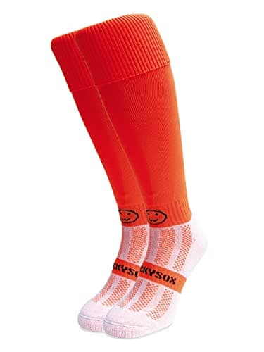 Image of WackySox - Bright Orange Knee Length Rugby Socks Sports Socks for Men and Women Womens Sports Socks Mens Socks Walking Socks for Riding Hockey Football Running and Other Sports Activities