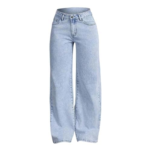 Image of Girls Straight Pants Jeans Wash Classic Wide Leg Denim Pants with Pocket for Teen Girls High Leg Casual Jeans for Kids 8‐14 Years (Light Blue, 12-13 Years)