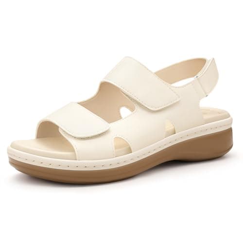 Image of PIZZ ANNU Clara Women's Orthopedic Sandals Wedge Walking with Arch Support, Comfortable Chunky Lightweight Hook & Loop Summer Shoes for Everyday Wear Ivory Size 8