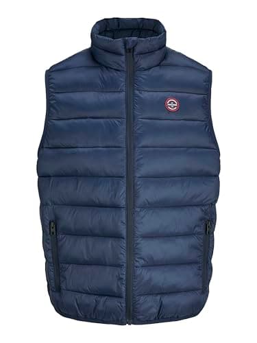 Image of JACK & JONES Mens Puffer Gilet Sleeveless High Neck Outdoor Jackets for Men, Navy-Red Colour, UK Sizes- S