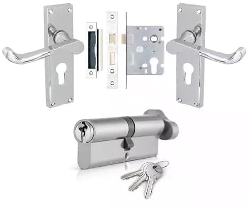 Image of Victorian Style Euro Lock Pack with Scroll Lever Handles, Polished Chrome Door Hardware Set, Complete 35T/35 (70mm) Cylinder Lock, 3" Euro Sash Lock and Handle Kit, for Internal Doors