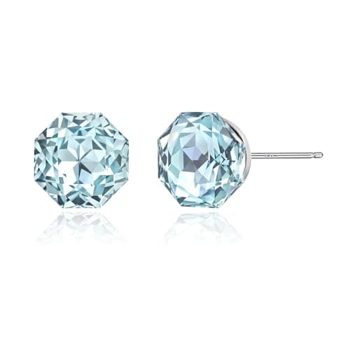 Image of Weviway Sterling Silver Aquamarine Crystal Octagon Stud Earrings, 7mm Light Blue Birthstone Earrings, March Birthstone