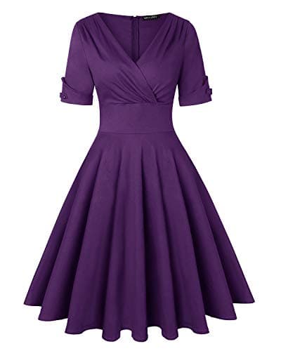 Image of Women's V-Neck 50s Vintage Elegant Floral Rockabilly Swing Cocktail Party Dress (Purple,Size XL)