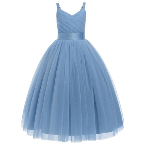 Image of IBTOM CASTLE Flower Girls Tutu Dress Spaghetti Straps Party Dress Wedding Pageant Bridesmaid V-Nevk Dress Girl Pirncess Prom Birthday Dance First Communion Ball Gown Straps-Gray Blue 10-11 Years