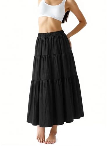 Image of Honeywish Maxi Skirt for Women, 88cm Long Elastic Waist A-Line Skirt, Vintage Summer Tiered Skirt, Elegant Full-Length Skirt UK (UK, Alpha, L, Regular, Regular, Black)
