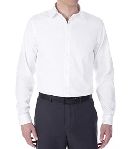 Image of Calvin Klein Boys' Long Sleeve Slim Fit Dress Shirt, Button-Down Style with Cuffs & Shirttail Hem, White, 12 Husky
