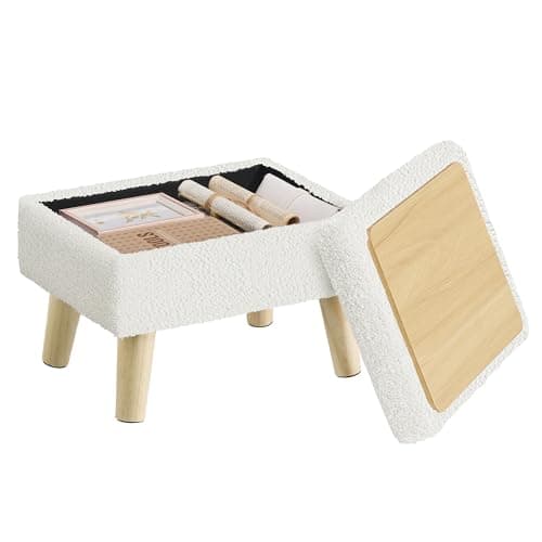 Image of SONGMICS Storage Ottoman, Foot Stool, Ottoman with Padded Seat, Foot Rest with Wood Legs, Small Table, for Hallway, Living Room, 30 x 40 x 29 cm, Teddy Fleece, Cream White LOM517WD02