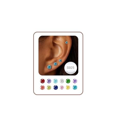 Image of S925 Sterling Silver Stud Earrings Set December Blue Topaz Birthstone Diamond Jewellery Birthday Gifts for Womens Ladies Girls 4 Pairs Women's Crystals Small Tiny Stackable Hypoallergenic