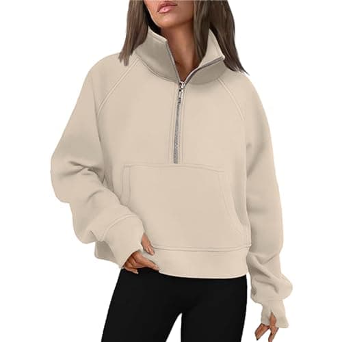 Image of Sweatshirts Womens Sweatshirts Half Zip Cropped Pullover Quarter Zipper Hoodies Fall Outfits Clothes Thumb Hole (Beige, S)
