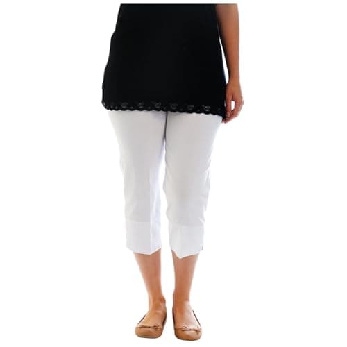 Image of Stylo Online Ladies 3/4 Bengaline Trousers – Elasticated Waist, Straight Leg, Stretch Fabric, Summer Casual Cropped Pants with Pockets – Lightweight & Comfortable- (White S)