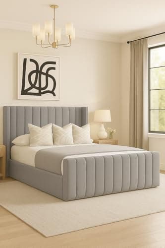 Image of Innovative Wiing Panel Plush Velvet Bed Frame | UK Handmade Royal Design | Optional Gas Lift Storage & Mattress (Silver Plush, Double 4ft6 with Gas Lift)
