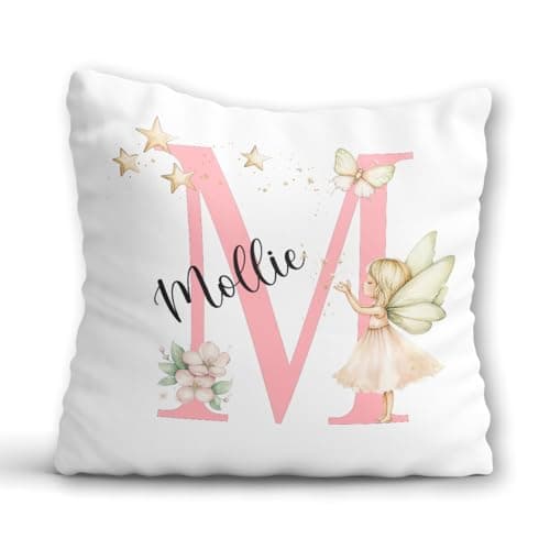 Image of Personalised Pink Fairy Name Initial Cushion Girls - Baby Girl Pillow Christmas Gift - Birthday Gift Daughter Granddaughter Niece - Girls Christening Gift - Custom Nursery Room Decor Kids Bedroom