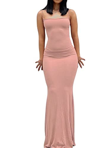 Image of Felcia Women Spaghetti Strap Sleeveless Long Dress Solid Color Bodycon Fish Tail Dress Party Evening Maxi Dress (Light Pink, XS)