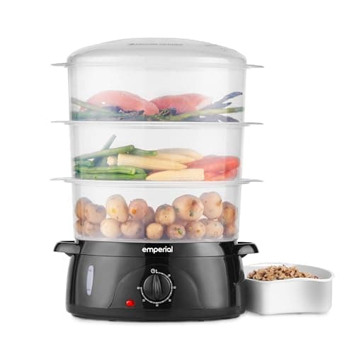 Image of Emperial Food Steamer 3 Tier, 9L Electric Vegetable Steamer with 3 BPA Free Removable Baskets & Rice Bowl, 60 Minute Timer & 800W, Boil Dry Protection, Energy Saving - Black