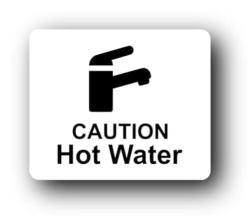 Image of White 'Caution Hot Water' Sign - 4.72"x3.94" (120mm x 100mm) - Rigid 1mm Thick Substrate - UV Printed with Self-Adhesive Backing for Easy Installation