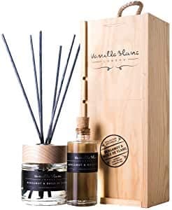 Image of Vanilla Blanc Natural Reed Diffuser, Home Fragrance Set, Encased in a Signature Hand Crafted Wooden Gift Box with Refill 200ml Bottle (Grenade & Frosted Vanilla)
