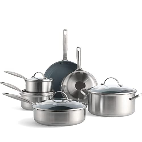 Image of GreenPan Treviso Healthy Ceramic Non-Stick Stainless Steel Cookware, 10 pieces, Including Frying Pans Sauté Pan and Saucepan, PFAS-free, Induction, Oven Safe, Silver