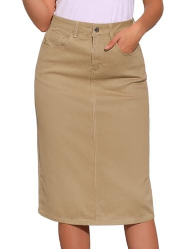 Image of Allegra K Casual Denim Skirt for Women's High Waist Stretchy Midi Jean Skirts Khaki L