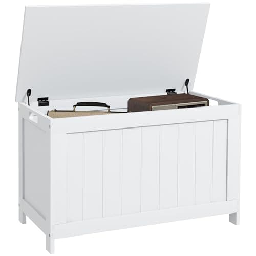 Image of HOMCOM Storage Chest, Modern Storage Trunk with 2 Safety Hinges and Cut-out Handles, Wooden Toy Box for Living Room, Entryway, 76 x 40 x 48 cm, White
