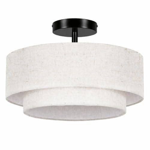 Image of OUTON 40cm Double Drum 3-Light Semi Flush Mount Ceiling Lights, Modern Ceiling Light with 2-Layer Linen Shade, Chandeliers Ceiling Lights for Living Room, Bedroom, Kitchen, Dining Room, Hallway, Black