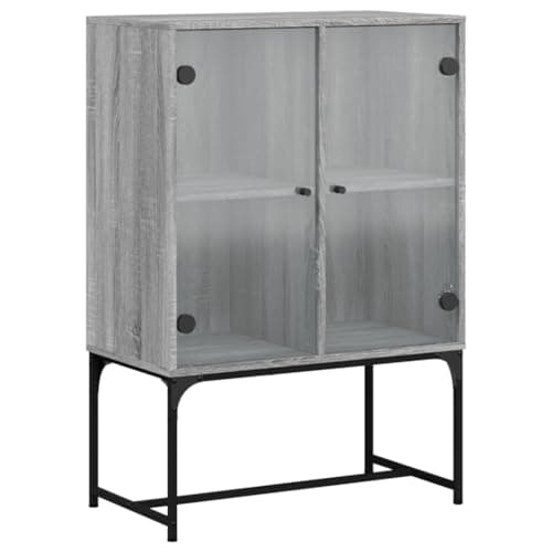 Image of vidaXL Grey Sonoma Side Cabinet with Glass Doors - 69x37x100 cm Engineered Wood Cupboard for Living Room and Bedroom