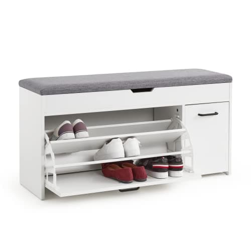 Image of Meerveil Shoe Bench with Seat, Shoe Bench with Storage and Flip-up Drawer, Wooden Industrial Style for Hallway Entryway, W100 x H52 x D30 cm, White