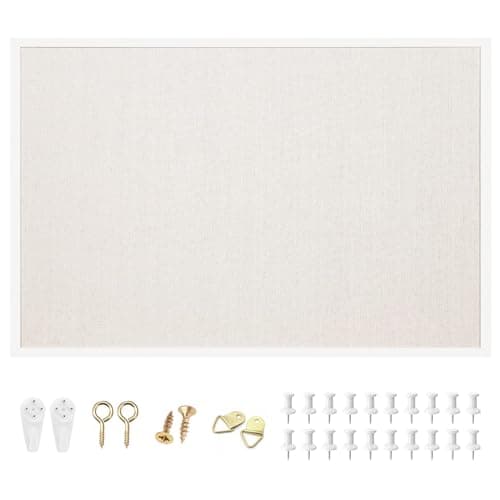 Image of OWLKELA 90 x 60cm Linen Bulletin Board, White Framed Corkboard, White Oak Frame Linen Cork Board, Vision Board and Decorative Hanging Pin Board